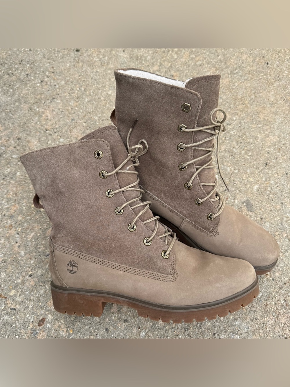 Timberland Jayne Teddy Boots Women’s 10 Taupe Leather Fleece Lined Fold Down